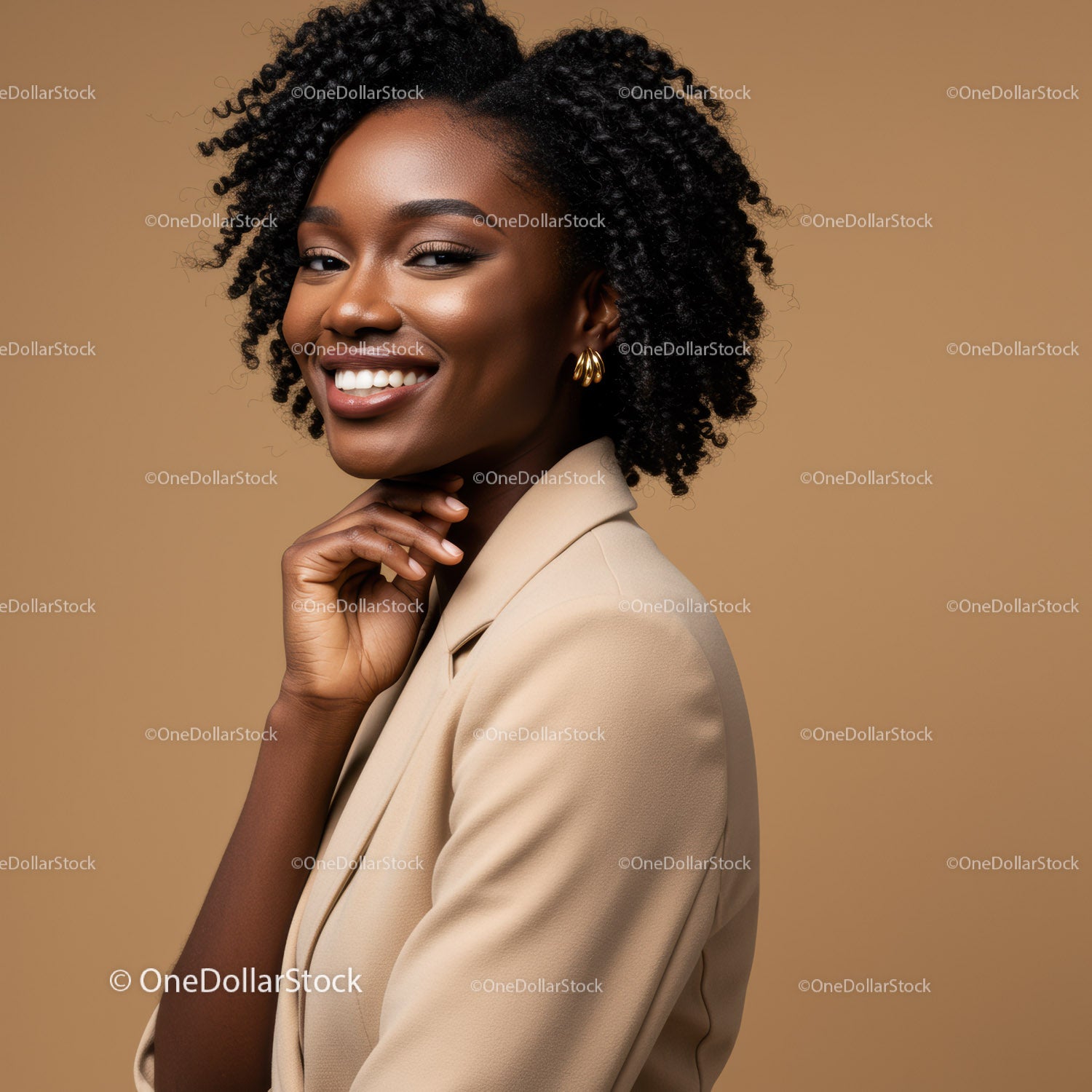 Elegant Black Woman with Curly Hair Wearing Beige Blazer and Gold Earrings