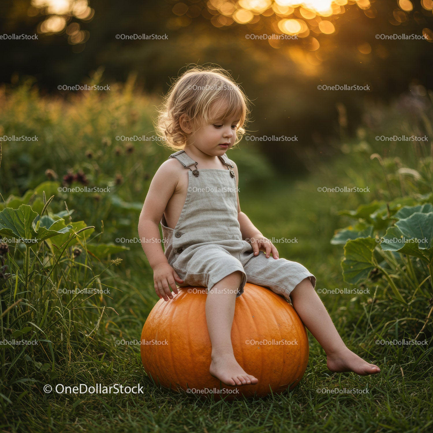 Toddler sitting peacefully on large pumpkin in garden
