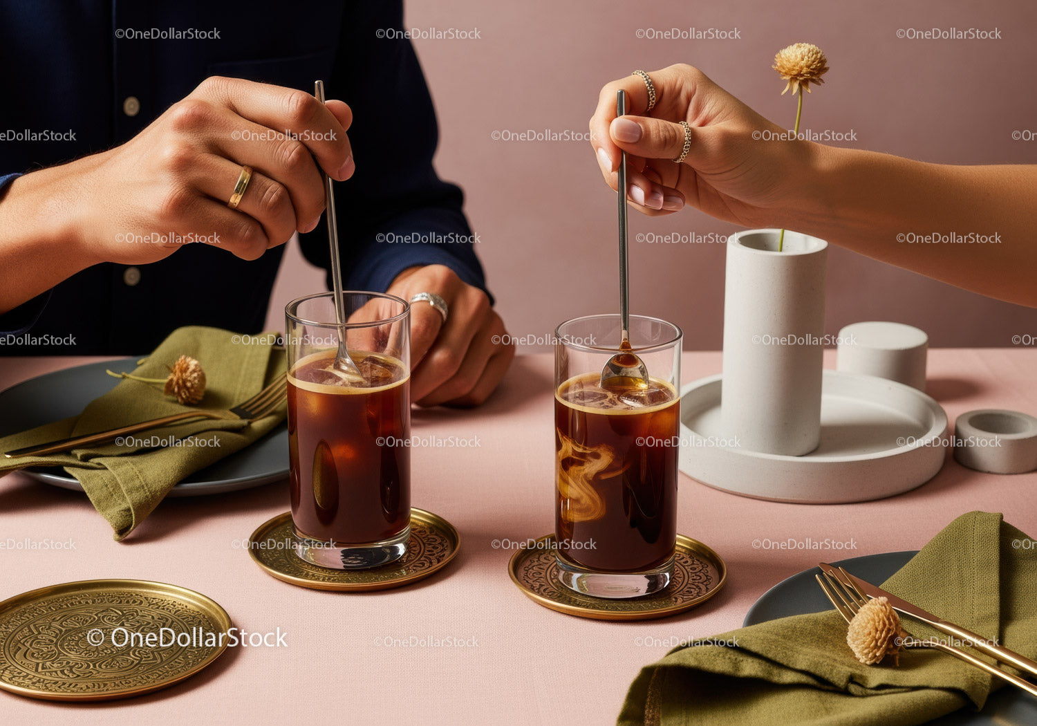 Elegant Summer Iced Coffee Setup with Floral Decor and Stylish Tableware