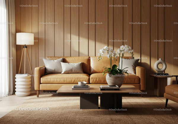 Cozy living room with leather sofa and elegant decor