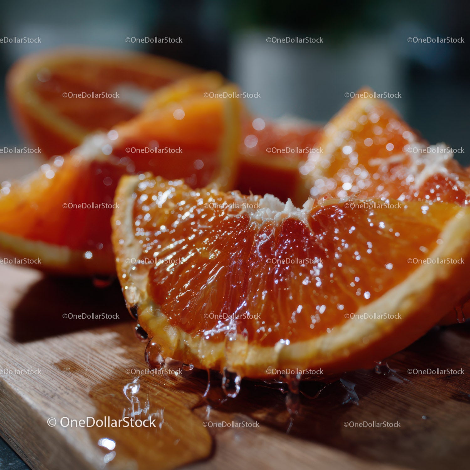 Close-Up of Juicy Blood Orange Slices on Wooden Cutting Board