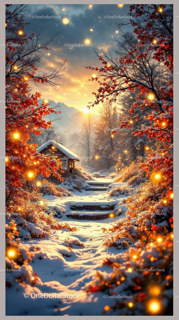 Snowy Pathway to Cozy Cabin at Golden Sunset