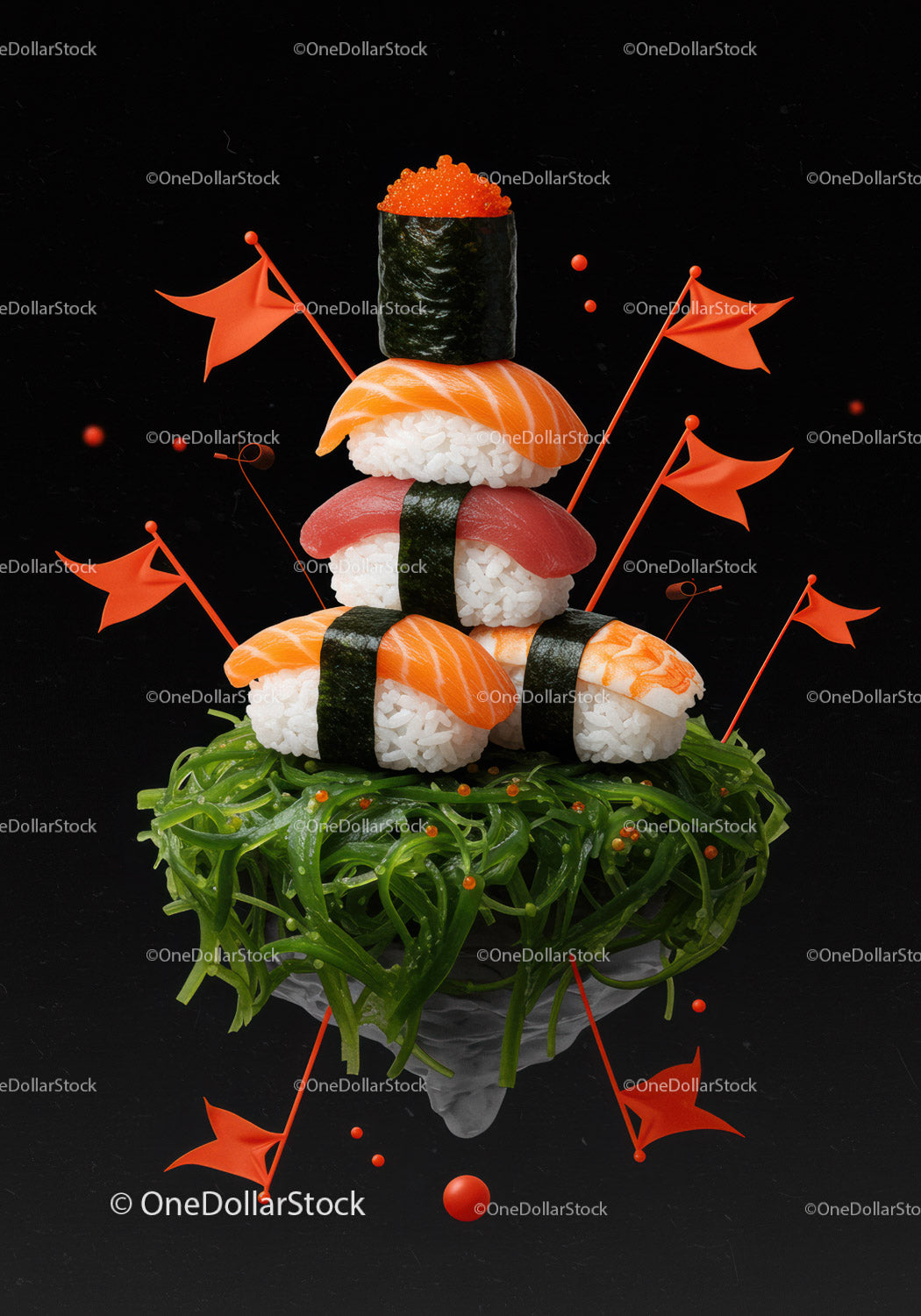 Artful sushi stack on bed of seaweed with red flags