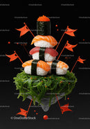 Artful sushi stack on bed of seaweed with red flags