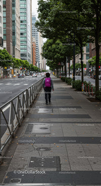 City Street Scene with Tall Buildings and Pedestrian Woman