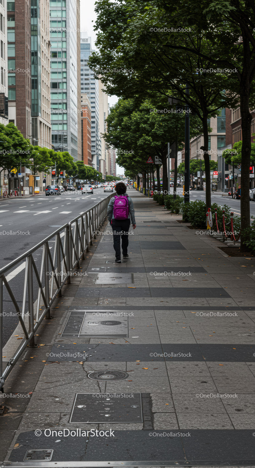 City Street Scene with Tall Buildings and Pedestrian Woman