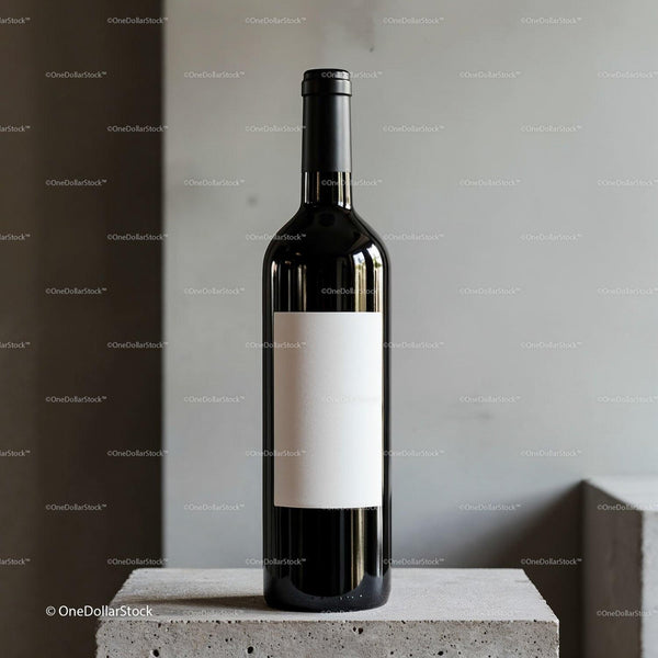 Elegant wine bottle with blank label on concrete surface JPG Mockup Image