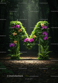 Letter M formed by vibrant flowers and lush greenery