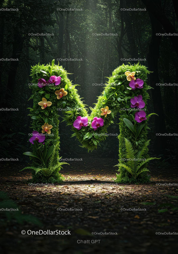 Letter M formed by vibrant flowers and lush greenery