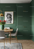 Stylish Green Wall Dining Room with Modern Chairs and Dog Portrait