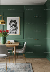 Stylish Green Wall Dining Room with Modern Chairs and Dog Portrait