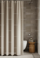 Contemporary Bathroom with Beige Tiles Wooden Stool and Soft Curtain