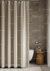 Contemporary Bathroom with Beige Tiles Wooden Stool and Soft Curtain
