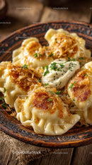 Fried Dumplings with Herbs and Dip Sauce in Rustic Wooden Bowl
