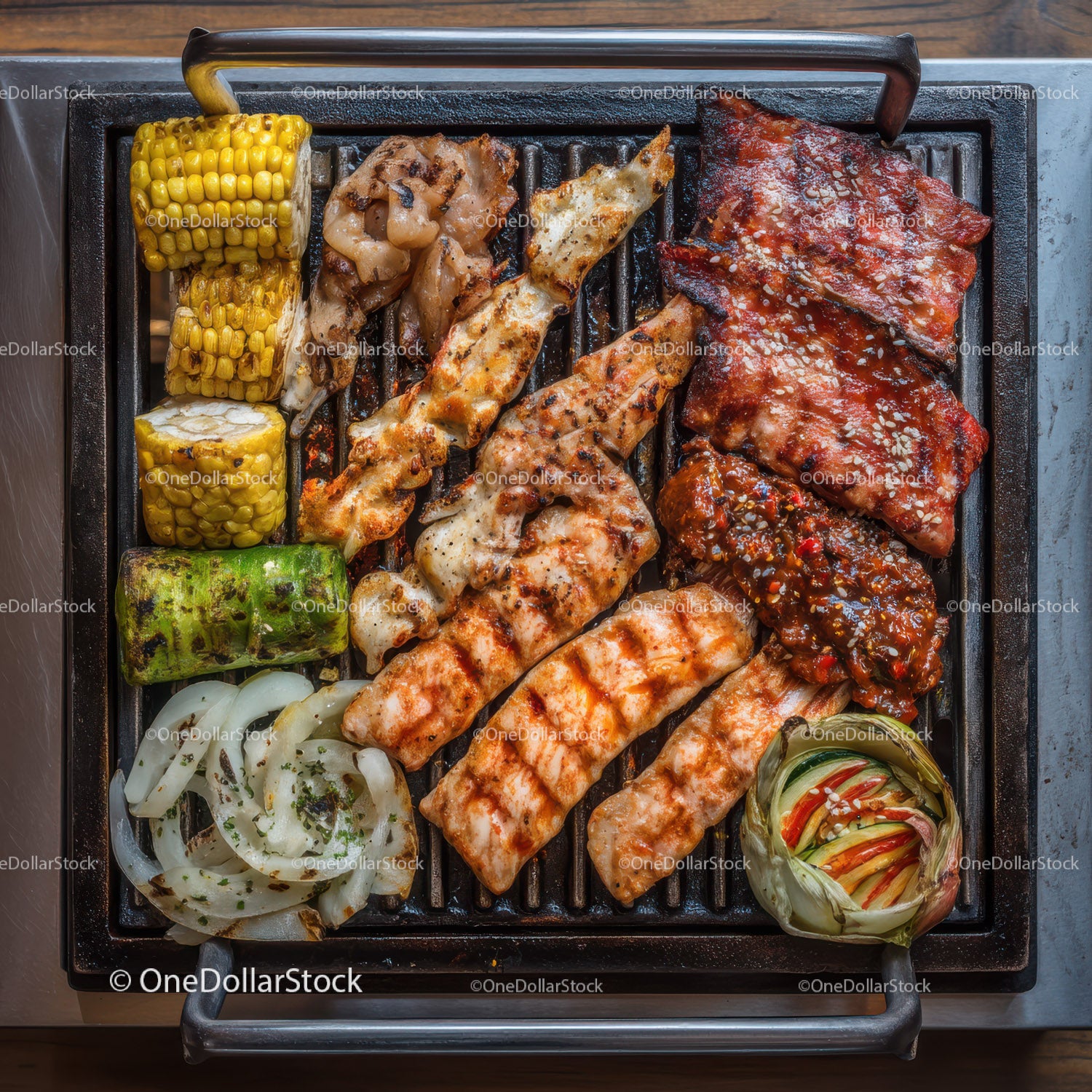 Assorted Grilled Meat and Vegetables on Barbecue Grill