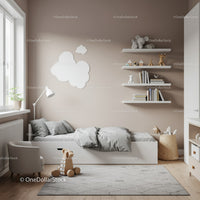 Minimalist Kids Bedroom with Cloud Wall Decor and Shelves