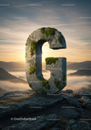 Moss-Covered Stone Letter G on Rocky Hill at Sunrise