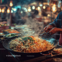 Vibrant Street Food Noodle Dish with Vegetables and Aromatic Spices