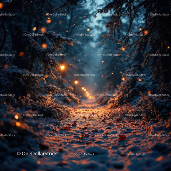 Snowy forest path illuminated by warm glowing lights