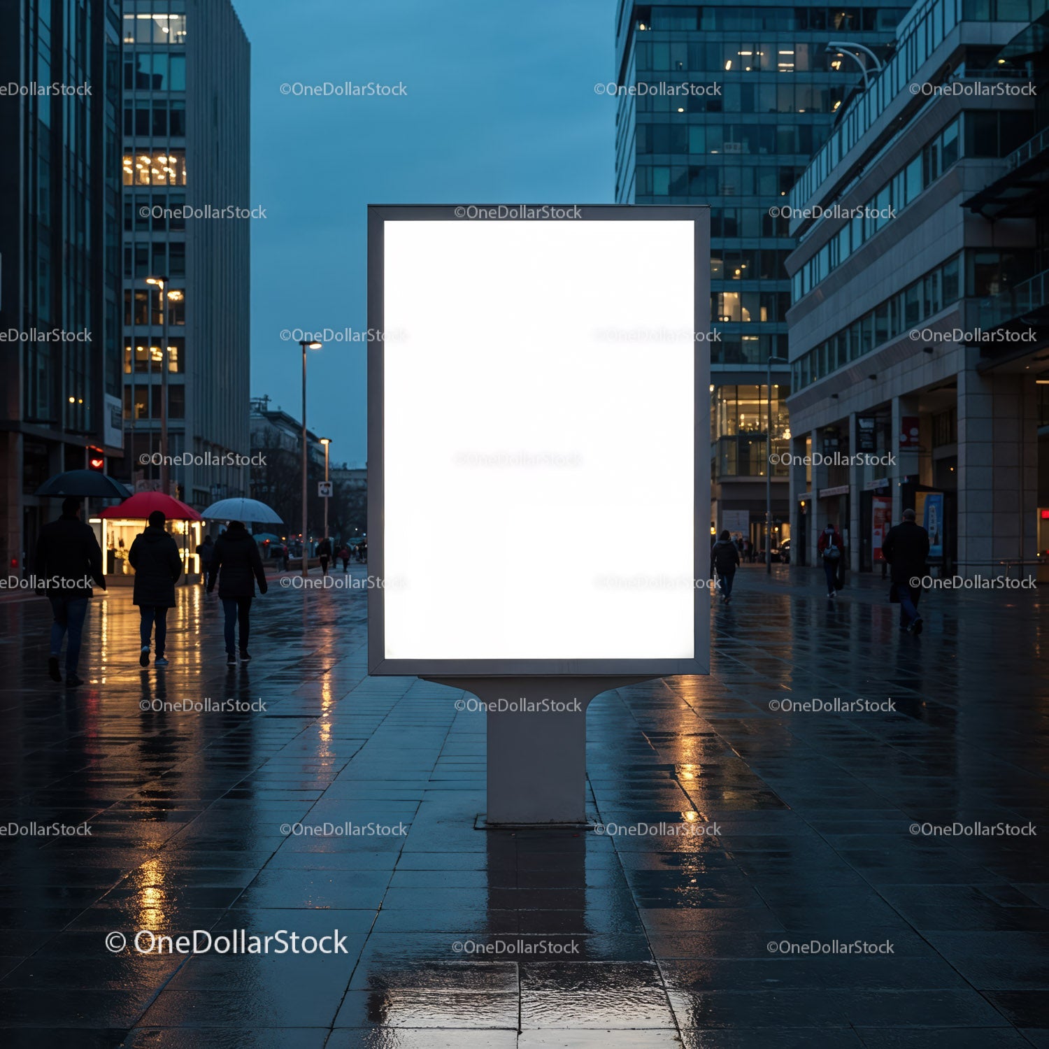 Illuminated blank advertising board on rainy urban street
