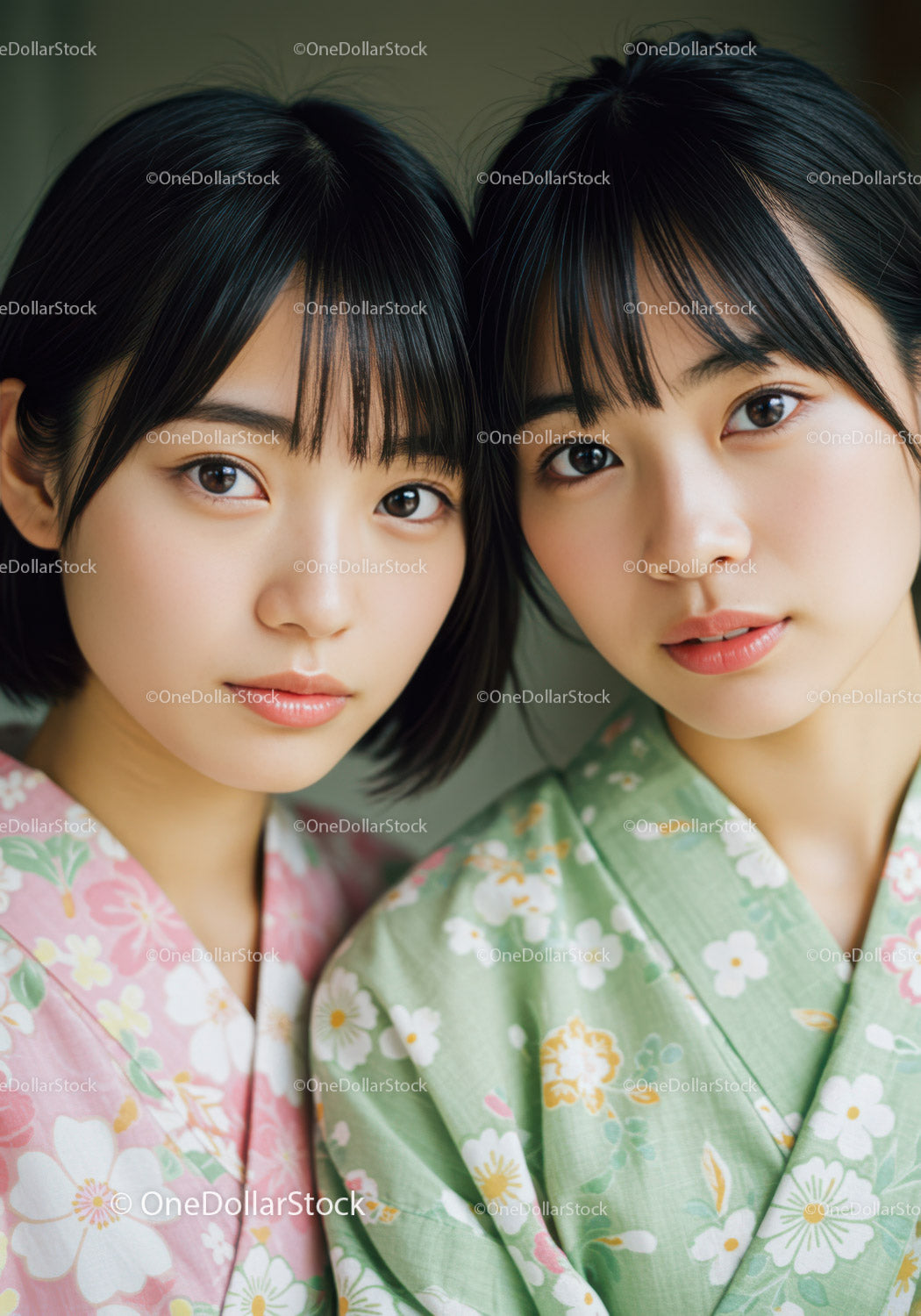 Two Young Women in Floral Kimonos Close-Up Portrait