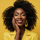 Vibrant Yellow Blazer Woman with Curly Hair and Bright Smile