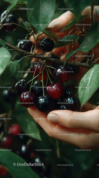 Close-up of Ripe Cherries Hanging on Branch in Orchard