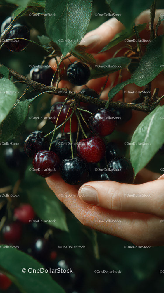 Close-up of Ripe Cherries Hanging on Branch in Orchard