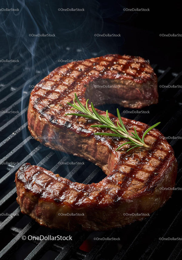 Grilled Steak Shaped Like Letter S with Fresh Rosemary