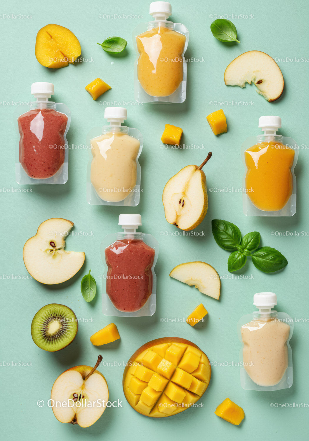 Variety of Fruit Purees with Fresh Sliced Fruits and Herbs