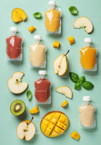 Variety of Fruit Purees with Fresh Sliced Fruits and Herbs
