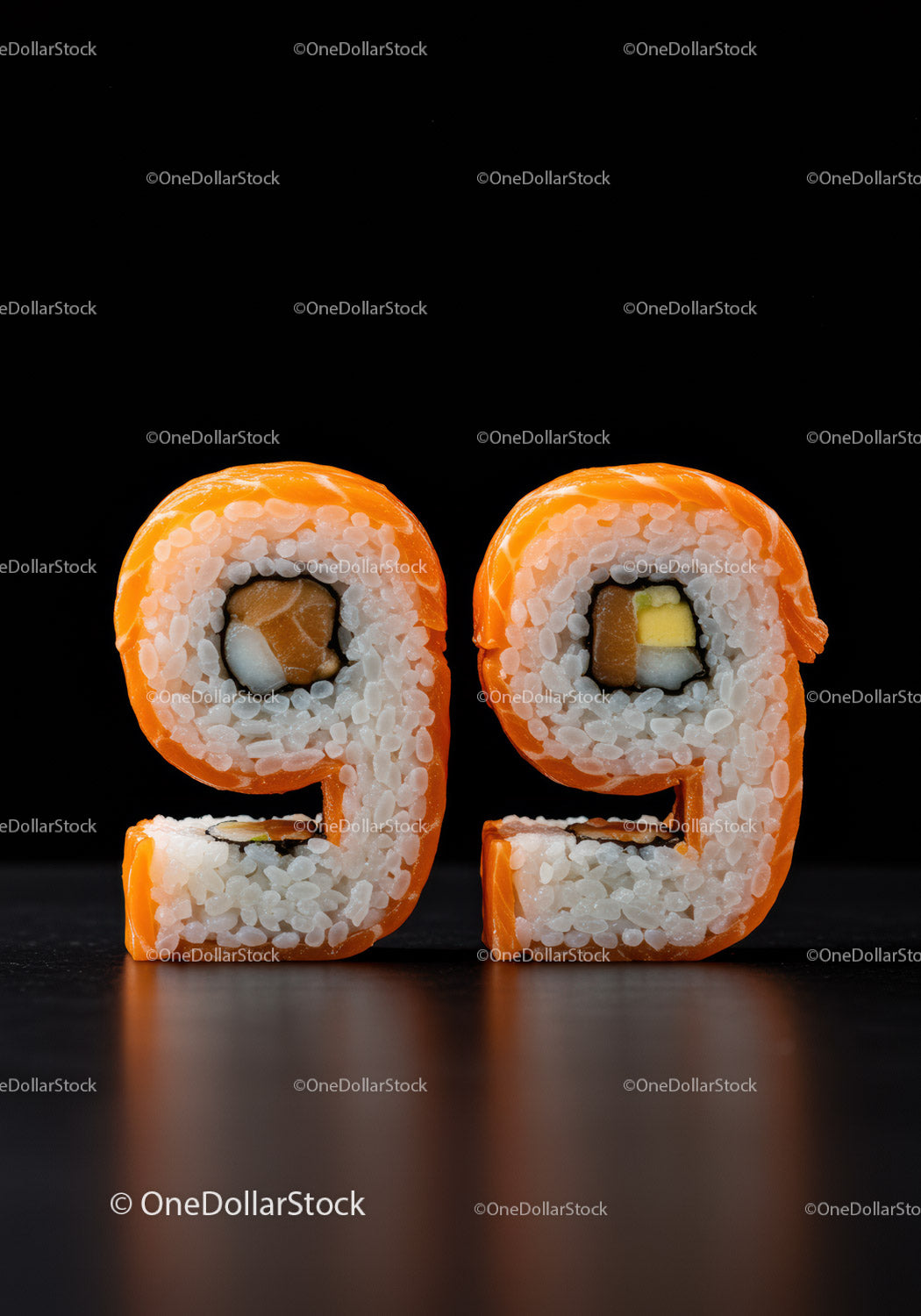 Creative sushi rolls shaped as number ninety nine
