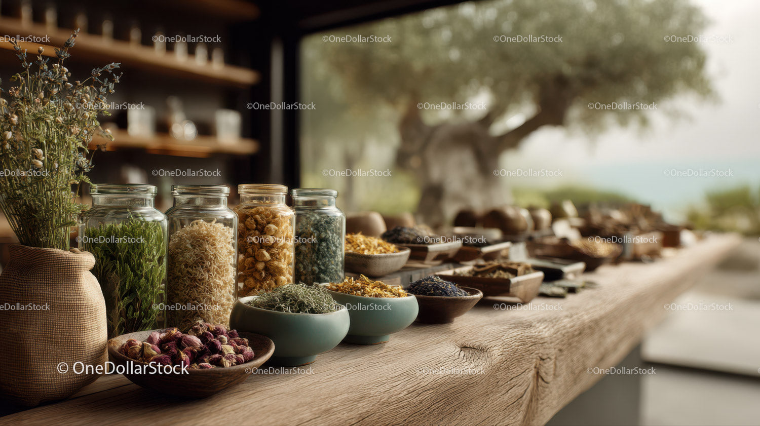 Herbal Spices and Dried Herbs on Rustic Wooden Table in Outdoor Setting