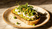Rustic toast with avocado spread, peas and cream cheese