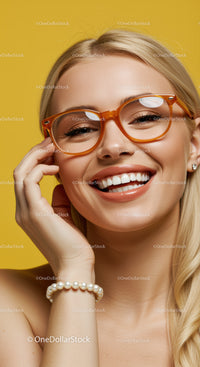 Smiling woman with stylish glasses and pearl bracelet