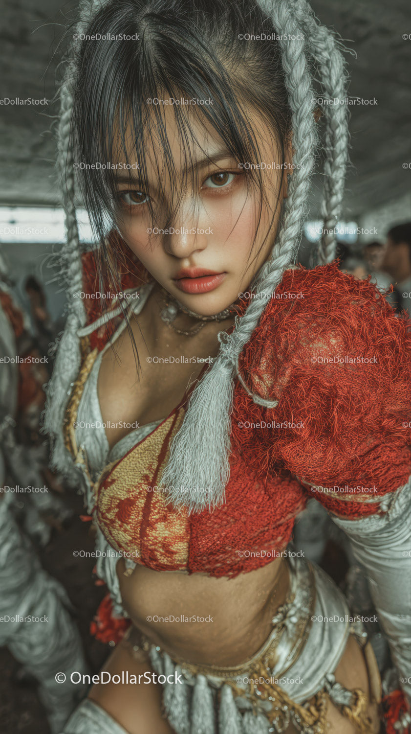 Vibrant Fashion Portrait of a Woman with Silver Braids in Urban Setting