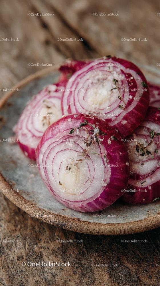 Fresh White Onion Slices on Ornate Blue Plate with Onions in Background Stock Photo Bundle preview 8