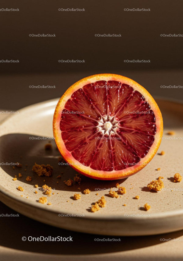 Fresh blood orange half on a ceramic plate with crumbs