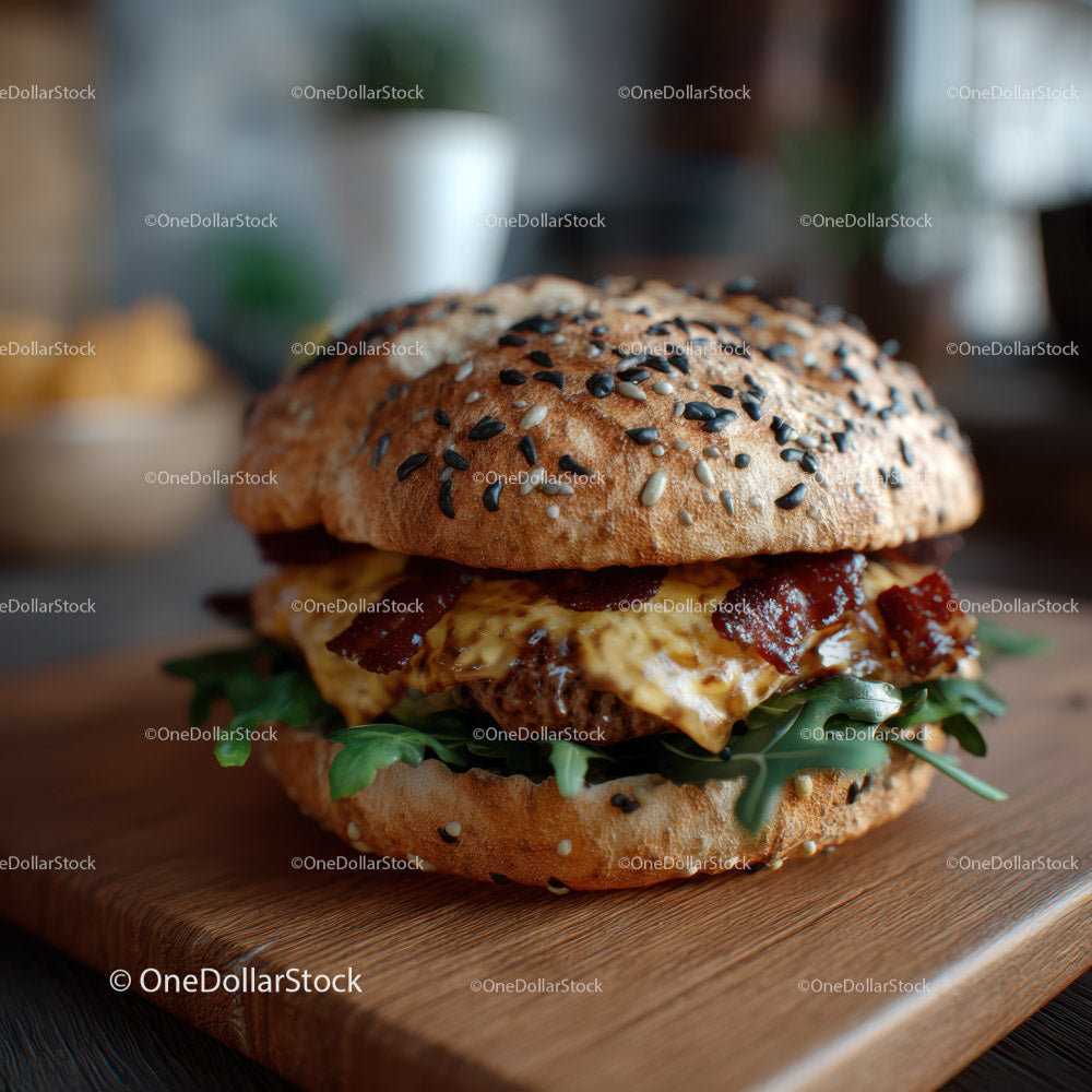 Gourmet Cheeseburger with Bacon and Fresh Greens on Sesame Bun