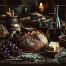 Rustic Bread with Red Grapes and Cheese in Vintage Kitchen Setting