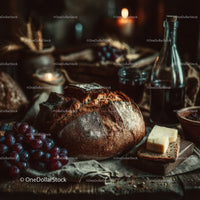 Rustic Bread with Red Grapes and Cheese in Vintage Kitchen Setting
