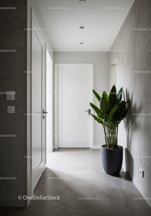 Modern Minimalist Hallway Featuring Green Fiddle Leaf Fig in Clean Interior
