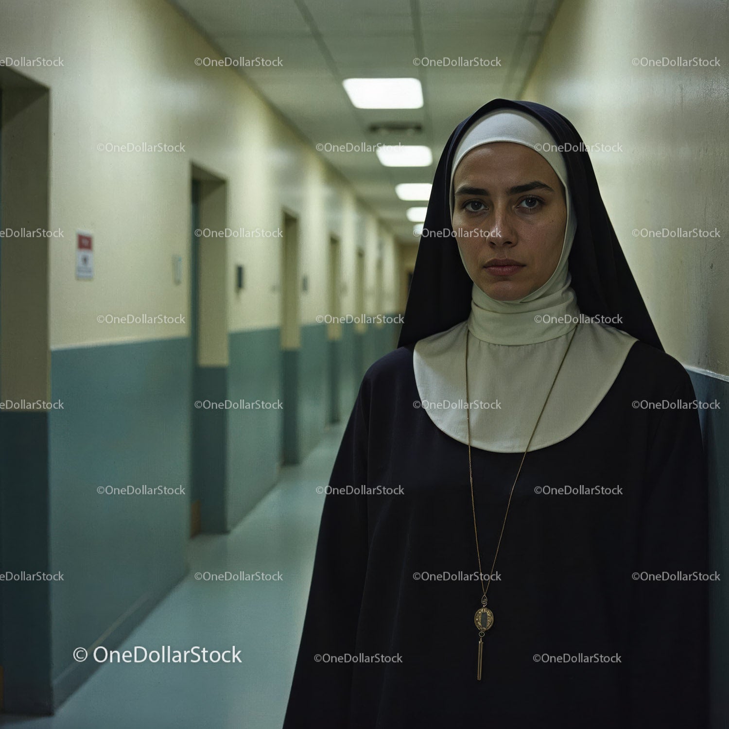 Confident Nurse in Hospital Corridor With Serious Expression