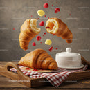 Fresh Croissants with Butter and Raspberry Jam Pouring
