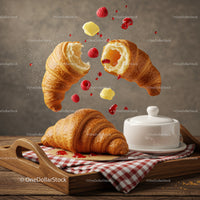 Fresh Croissants with Butter and Raspberry Jam Pouring