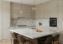 Contemporary Kitchen with Marble Countertop and Beige Cabinets