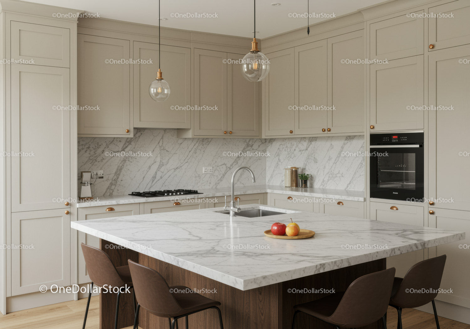 Contemporary Kitchen with Marble Countertop and Beige Cabinets