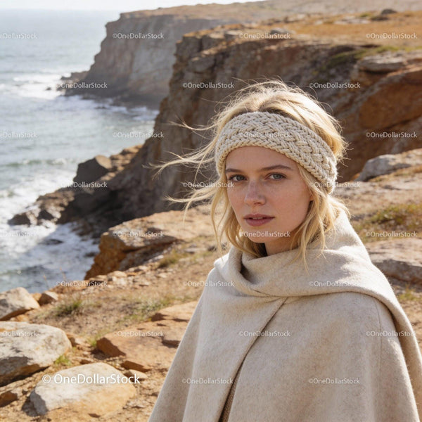 Blond woman in cozy knitwear by rocky ocean cliffs