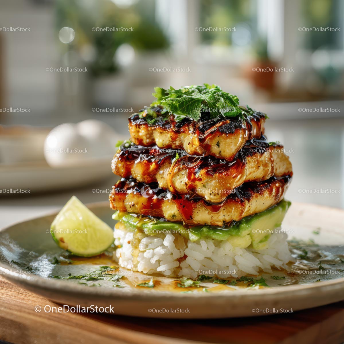 Layered Grilled Chicken with Sushi Rice and Lime Garnish