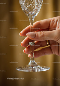 Elegant hand holding crystal wine glass with ring detail